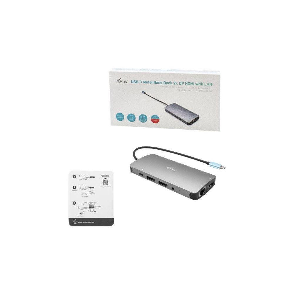 I-TEC USB-C Metal Nano Dock 2xDP 1xHDMI 1xGLAN 1xAudio/Mic 2xUSB 3.1 2xUSB 2.0 1xUSB-C Data 1xUSB-C, sans alimentation fournie