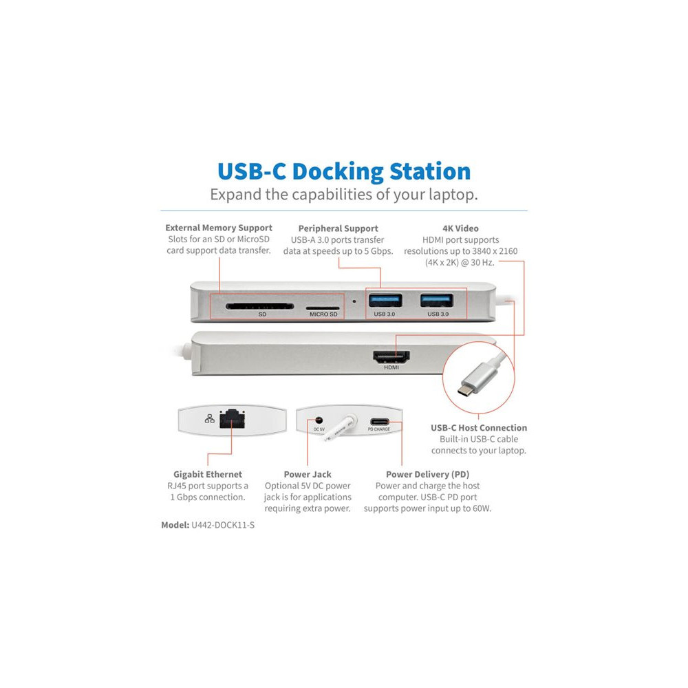 EATON TRIPPLITE USB-C Dock 4K HDMI USB 3.2 Gen 1 USB-A/C Hub GbE Memory Card 60W PD Charging