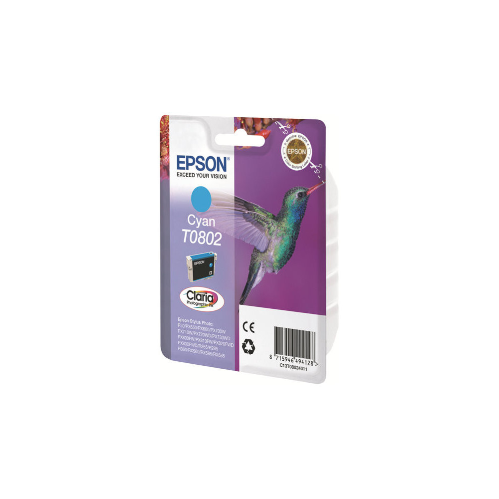 EPSON 1LB T0802 ink cartridge cyan standard capacity 7.4ml 935 pages 1-pack blister without alarm