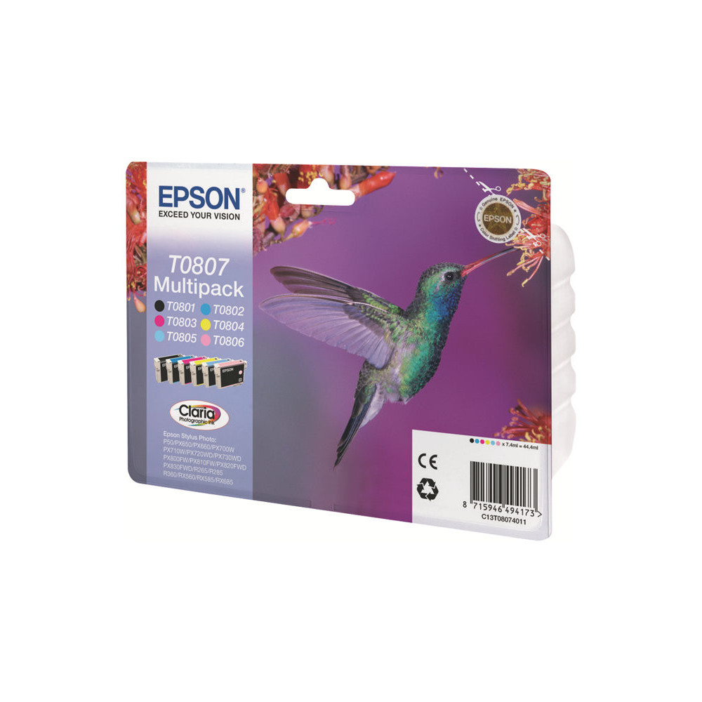EPSON 3LB T0807 ink cartridge black and five colour standard capacity black and colour: 7.4ml 6-pack blister without alarm
