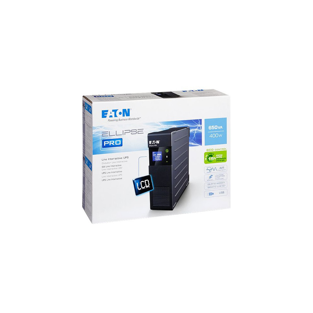 Eaton UPS Ellipse PRO 650 USB IEC (rack/tower) - AC 230 V - 400 Watt - 650 VA - USB - IEC-320-C13 4 Output - 2U - 19inch