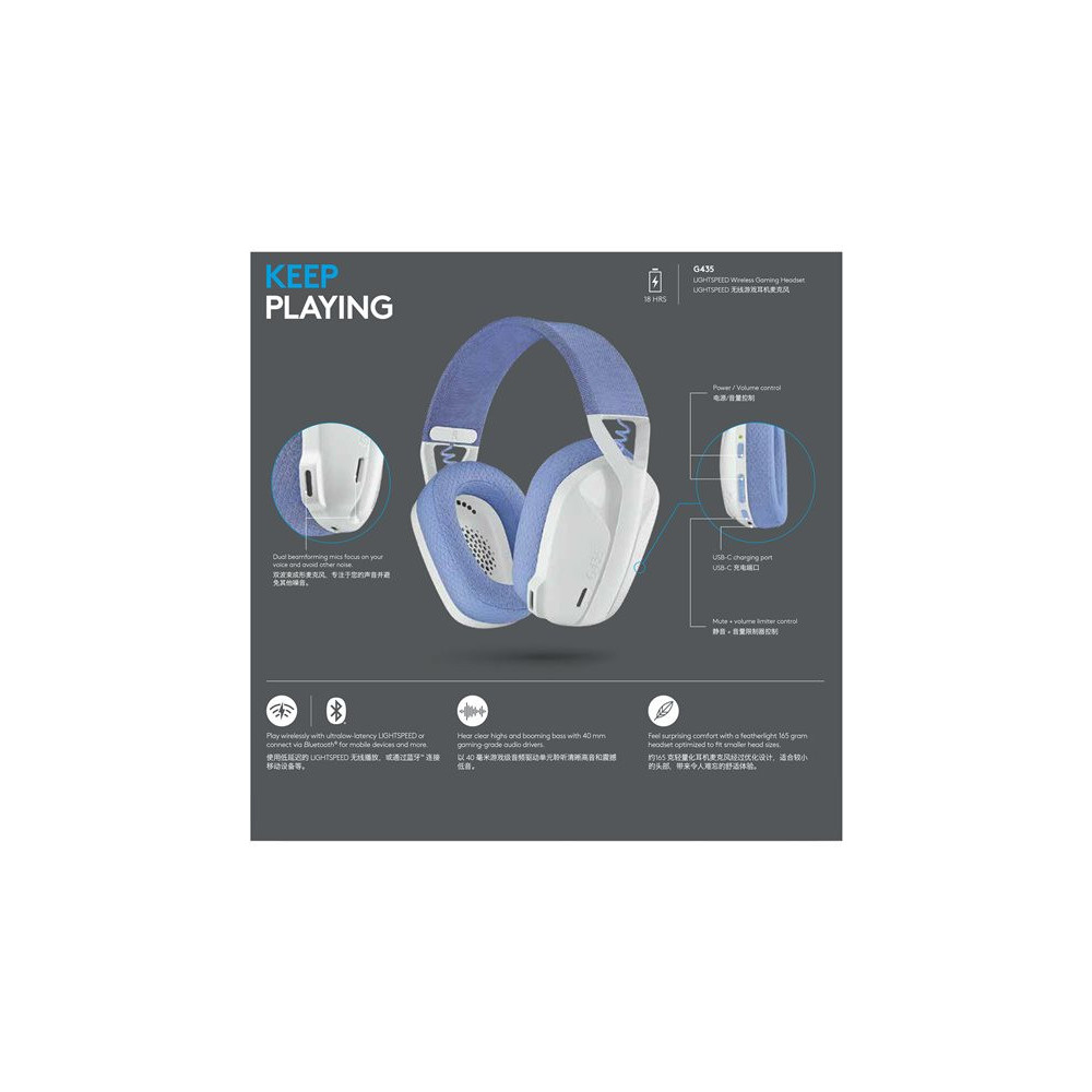 LOGITECH Lightspeed G435 Headset full size Bluetooth / 2.4 GHz radio frequency wireless white Discord Certified