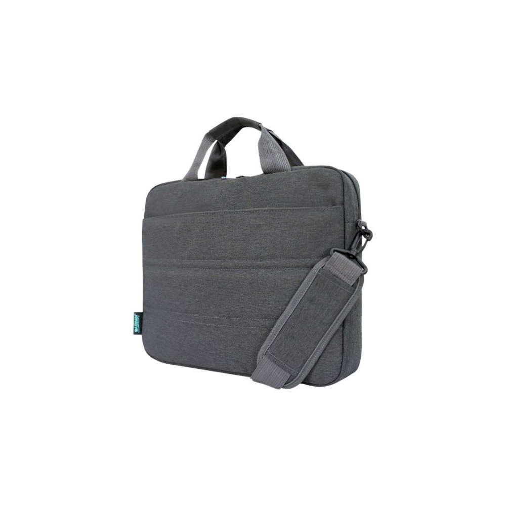 URBAN FACTORY Toploading bag made of recycled Nylon r-PET Reinforced notebook compartment Flat front pocket with zip Back patch