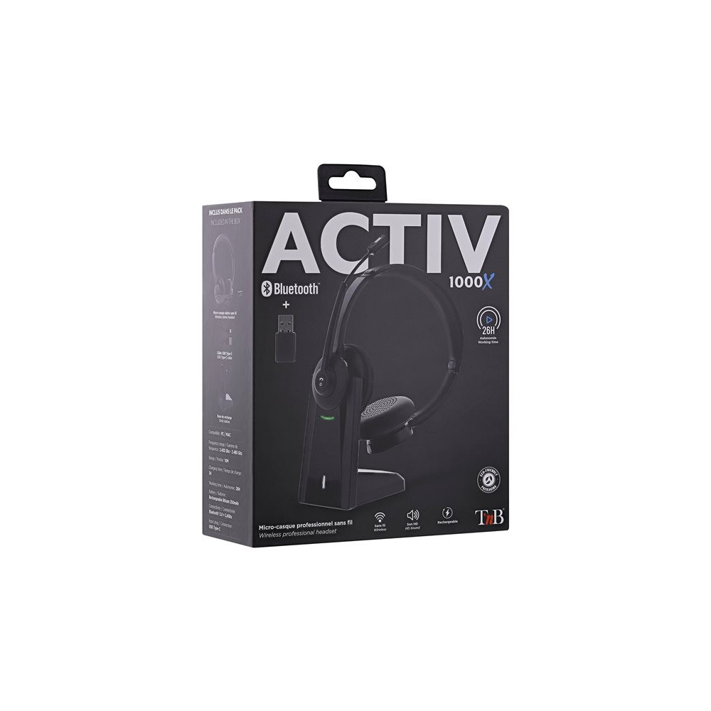 TNB Activ 1000X Professional Headset With Recharge Base Wireless Connection Bluetooth 5.0 And 24Ghz Stereo Earpads